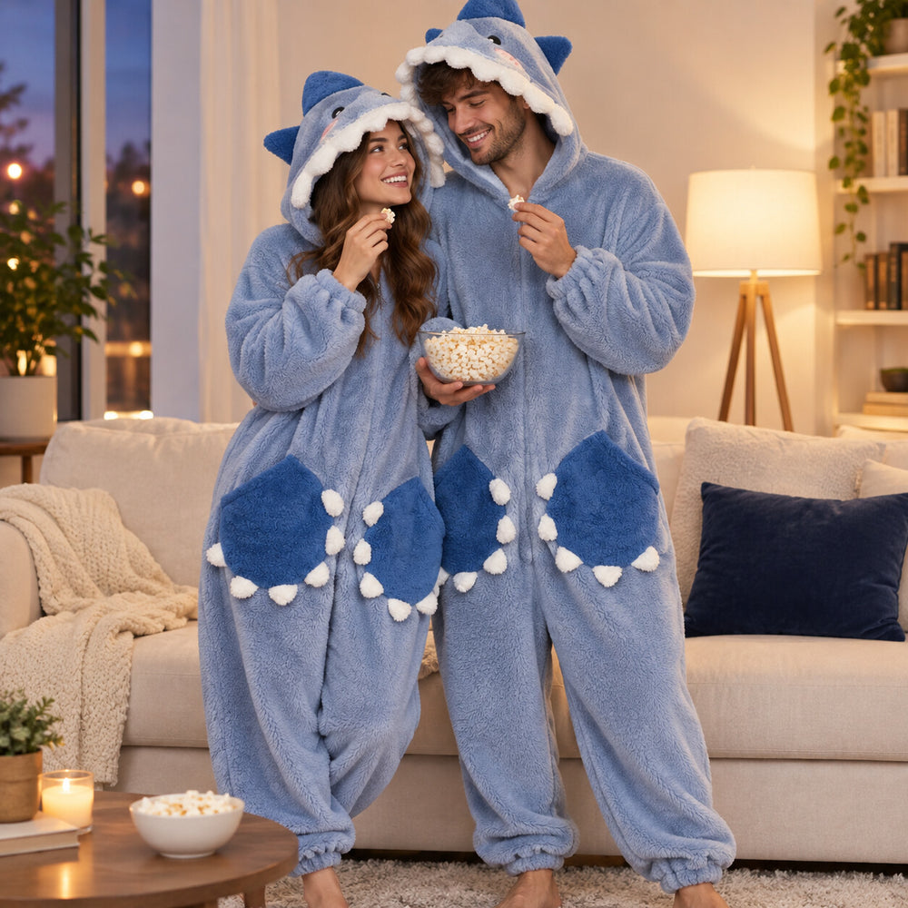 Couple en grenouillères requin pendant une soirée cocooning – Pyjama Couple Polaire