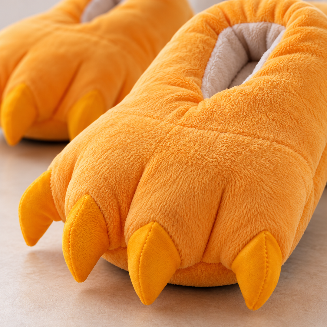 Gros plan des chaussons dragon orange montrant griffes en tissu et intérieur clair