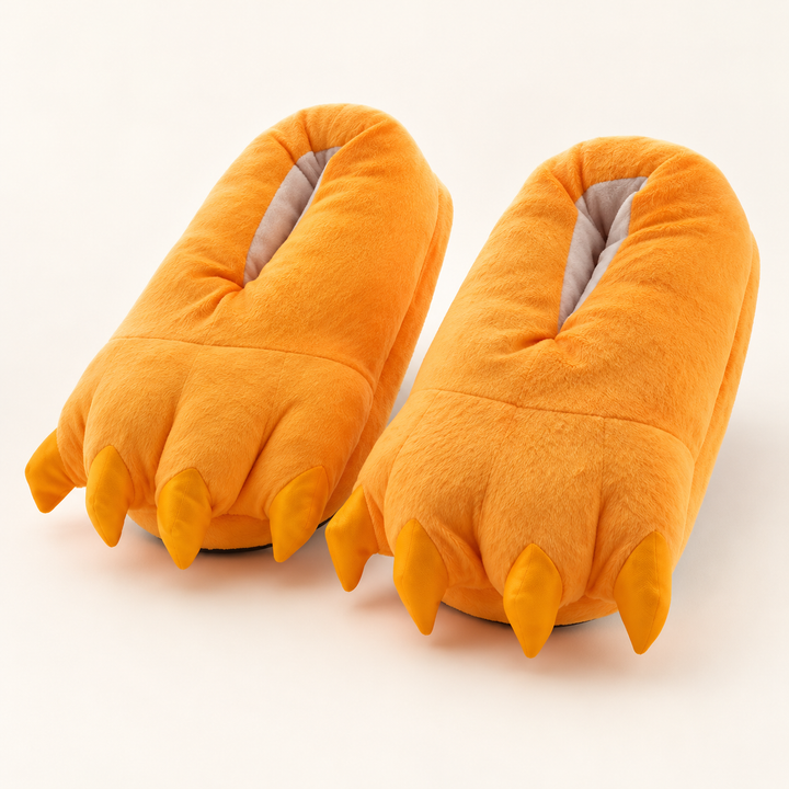 Paire de chaussons dragon orange à griffes en tissu, vue produit sur fond clair