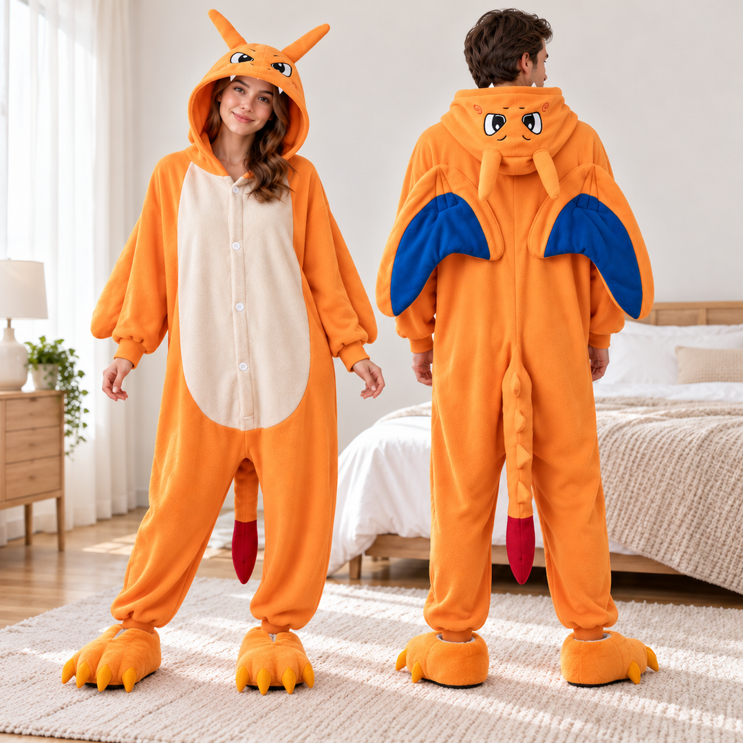 Couple en combinaisons dragon orange avec les chaussons assortis, articles vendus séparément