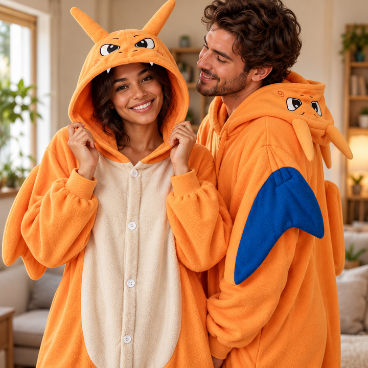 Couple en combinaison dragon orange, plan rapproché taille montrant ventre crème, capuche et aile bleue