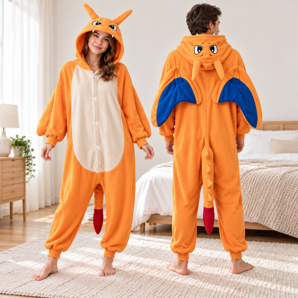 Couple portant la combinaison dragon orange, femme de face et homme de dos, ailes bleues et queue visibles