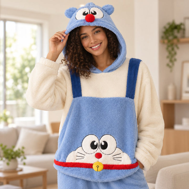 Femme métisse portant le Pyjama Duo bleu, capuche à nez rouge et motif chat avec grelot, plan rapproché taille