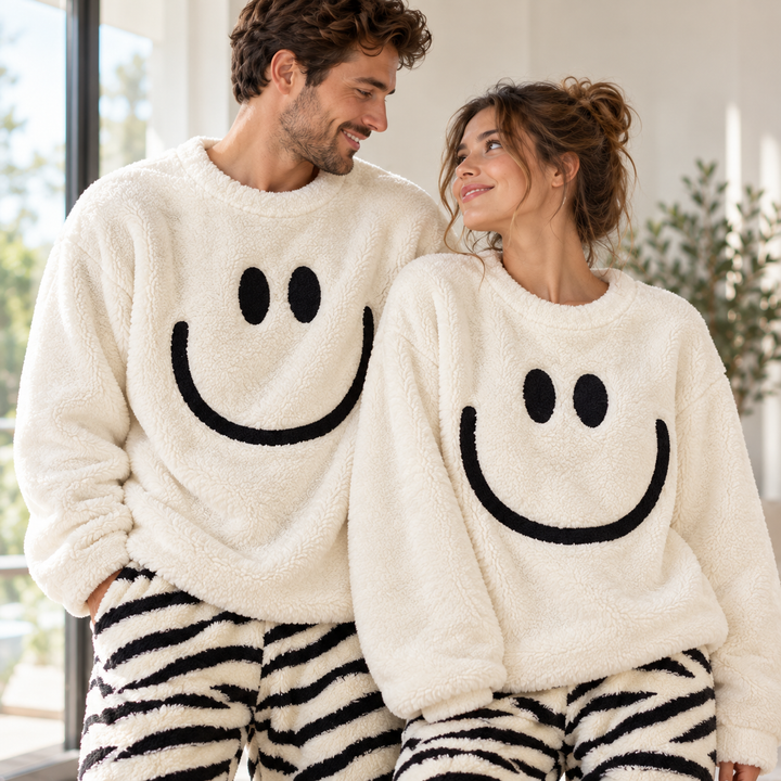 Couple portant le pyjama duo pilou pilou blanc avec haut smiley et pantalon rayé noir