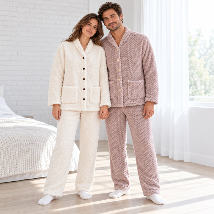 Vue en pied d’un couple en pyjamas assortis à chevrons, blanc et violet.