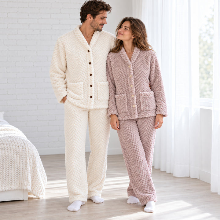 Couple vu en pied portant des ensembles pyjama à chevrons, blanc pour lui et violet pour elle.