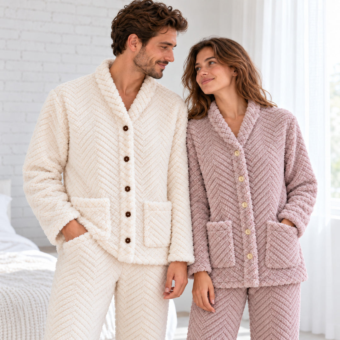Couple en pyjamas flanelle blanc et violet se regardant, avec les mains dans les poches.