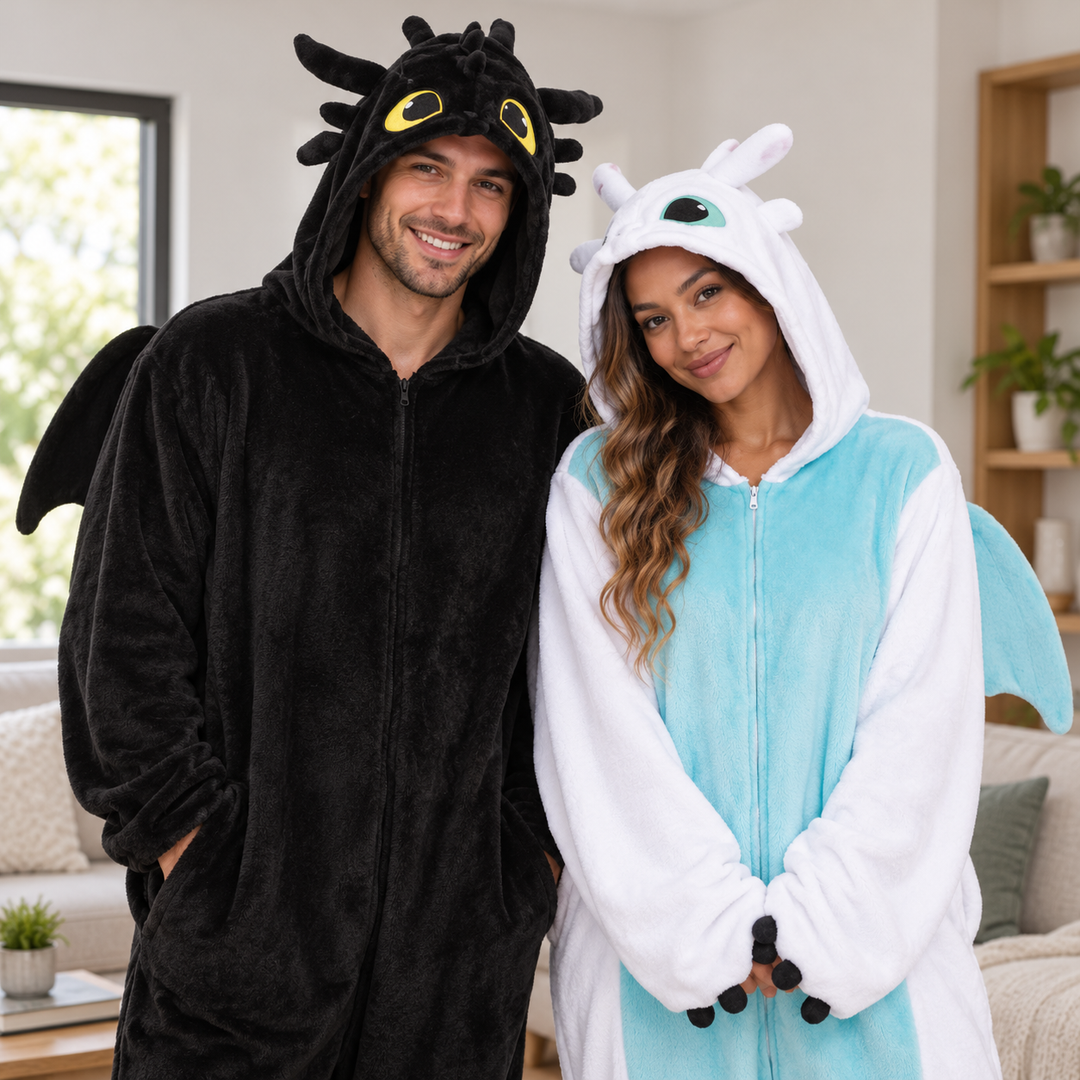 Couple portant les combinaisons dragon noire et blanche en plan rapproché taille