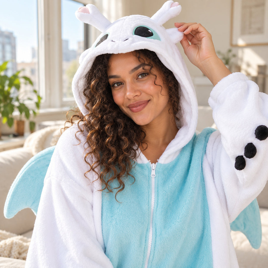 Femme en combinaison dragon blanche et bleu clair, capuche et fermeture visibles en plan poitrine