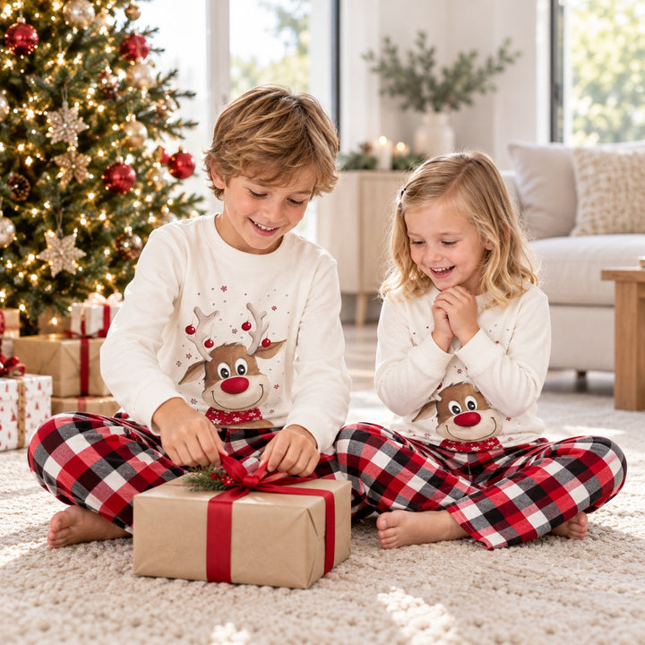 Enfants en pyjama Noël assorti ouvrant un cadeau