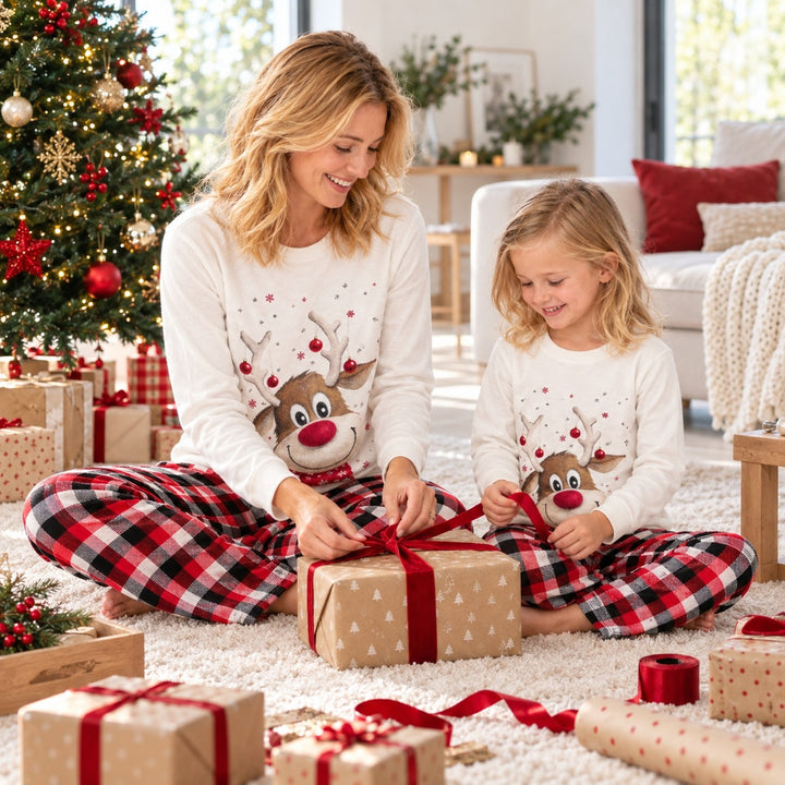 Mère et fille en pyjama Noël assorti emballant des cadeaux