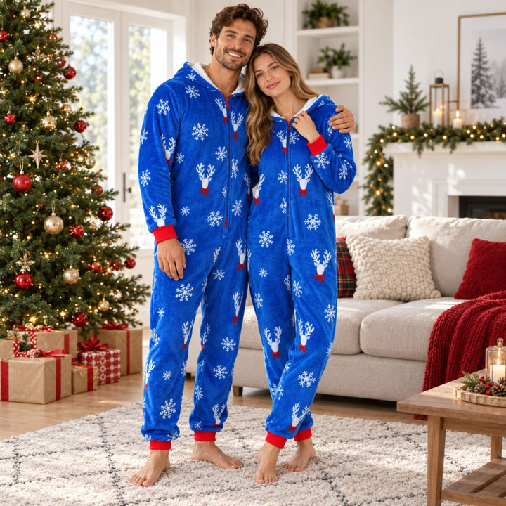 Blauer Familien-Weihnachtspyjama als Einteiler