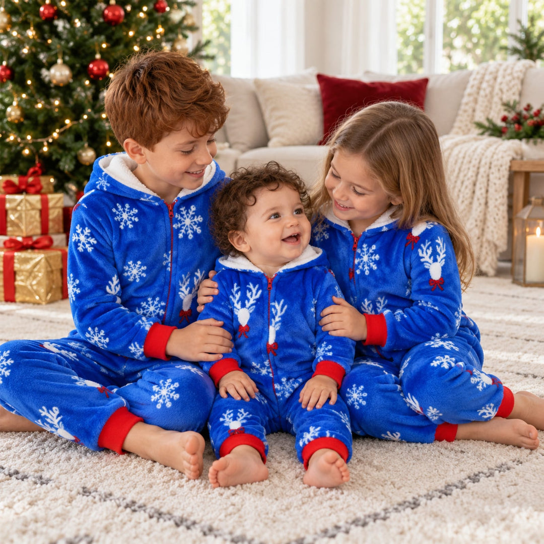 Blauer Familien-Weihnachtspyjama als Einteiler