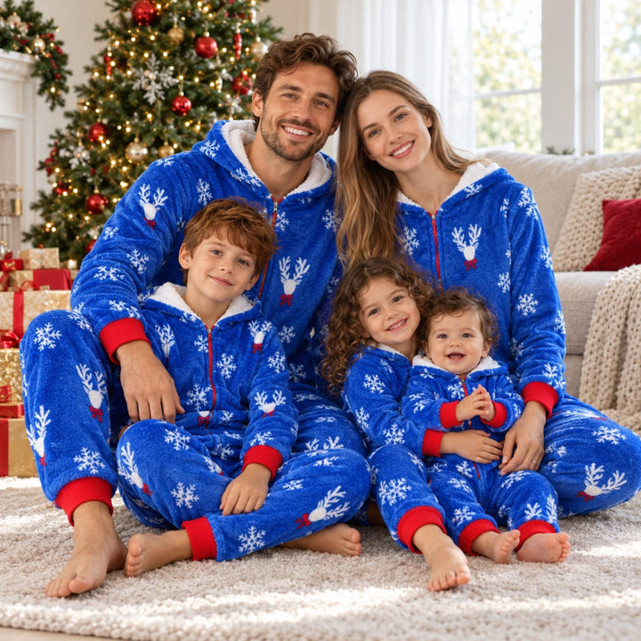 Blauer Familien-Weihnachtspyjama als Einteiler