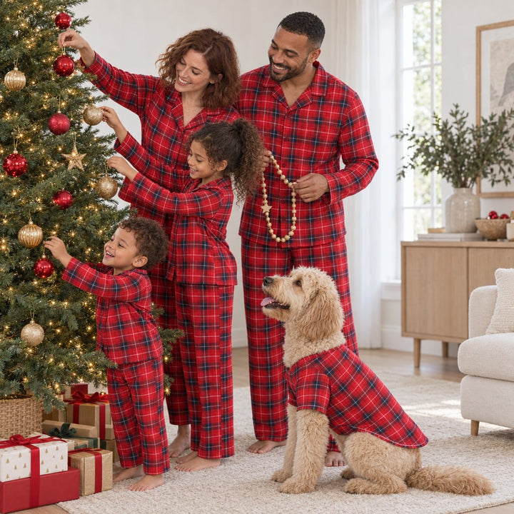 Karierter Weihnachtspyjama für Familie und Hund