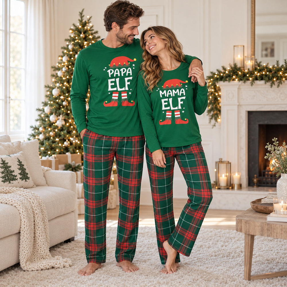 Couple en pyjamas de Noël verts Papa Elf et Mama Elf