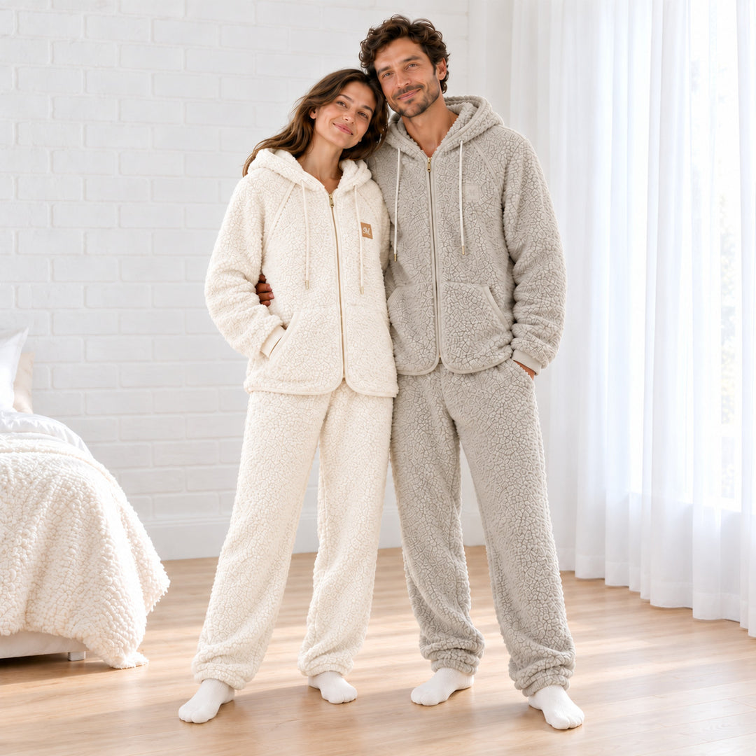 Stehendes Paar in Pyjama-Sets in Ecru und Graubeige, Ganzkörperansicht der Jacken mit Reißverschluss und Hosen.