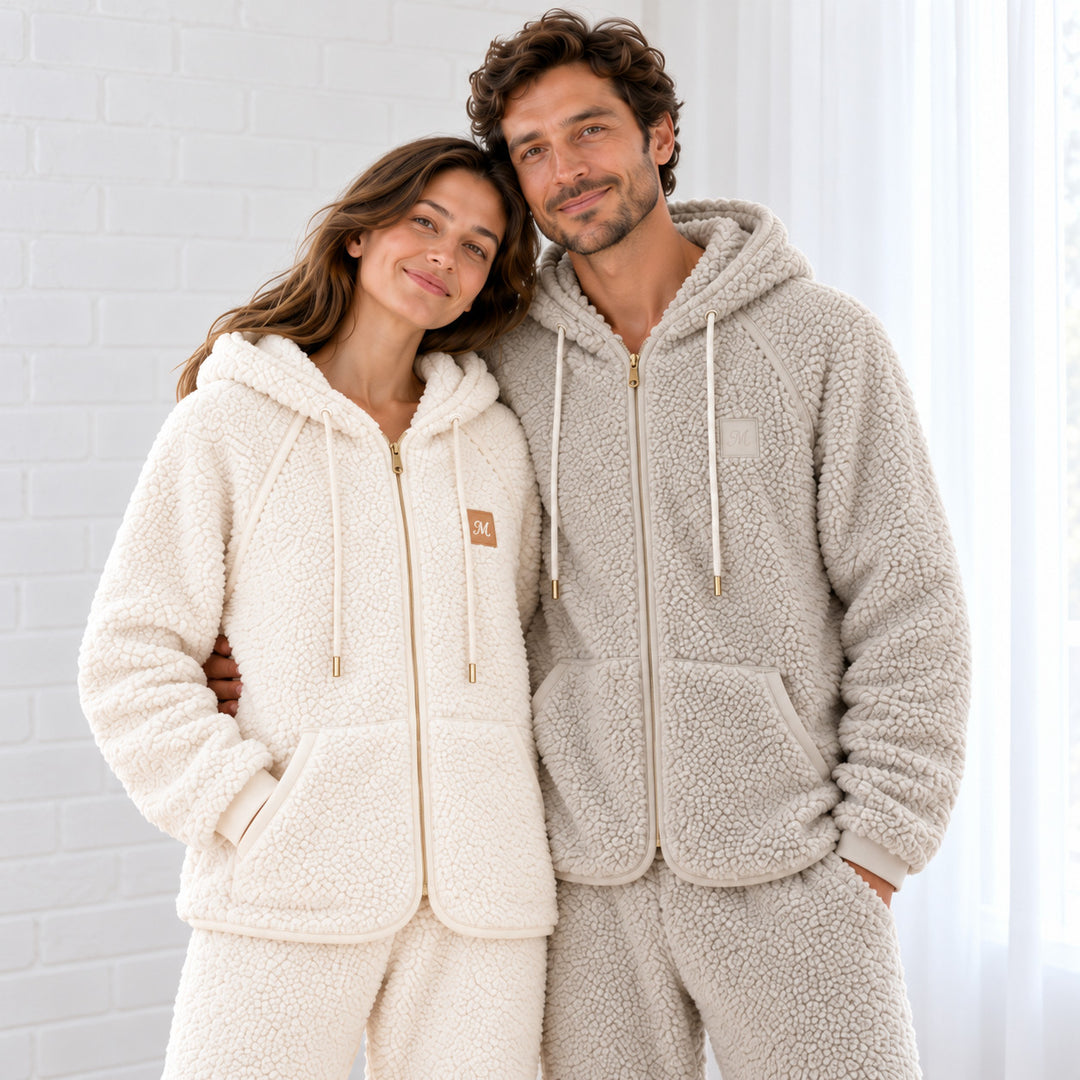 Paar in Pyjamas in Ecru und Graubeige mit sichtbaren Kapuzen, Reißverschlüssen und Taschen.
