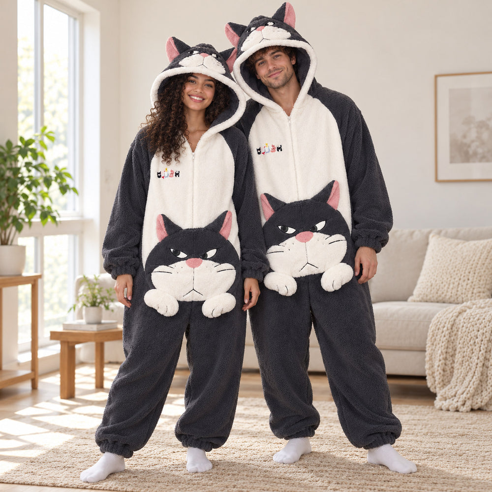 Pyjama rigolo couple chat porté en entier par une femme et un homme, de la capuche aux chevilles