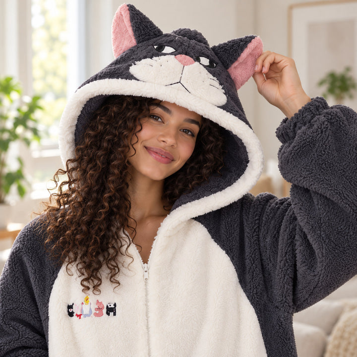Plan poitrine d'une femme portant le pyjama rigolo couple chat, capuche à oreilles roses et fermeture