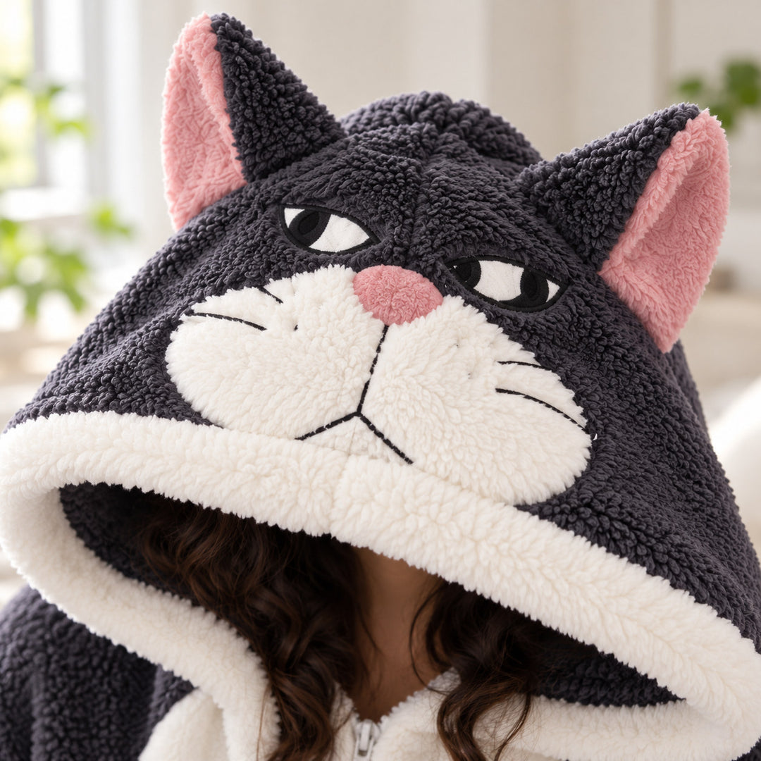 Gros plan sur la capuche chat du pyjama rigolo couple, oreilles roses, museau écru et texture peluche