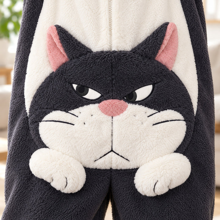 Gros plan sur le grand motif chat et ses pattes en relief sur le devant du pyjama rigolo couple