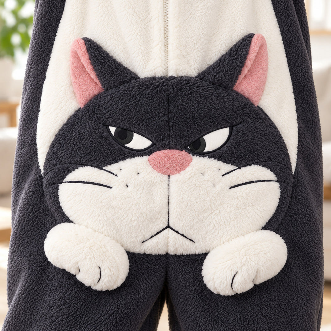 Gros plan sur le grand motif chat et ses pattes en relief sur le devant du pyjama rigolo couple