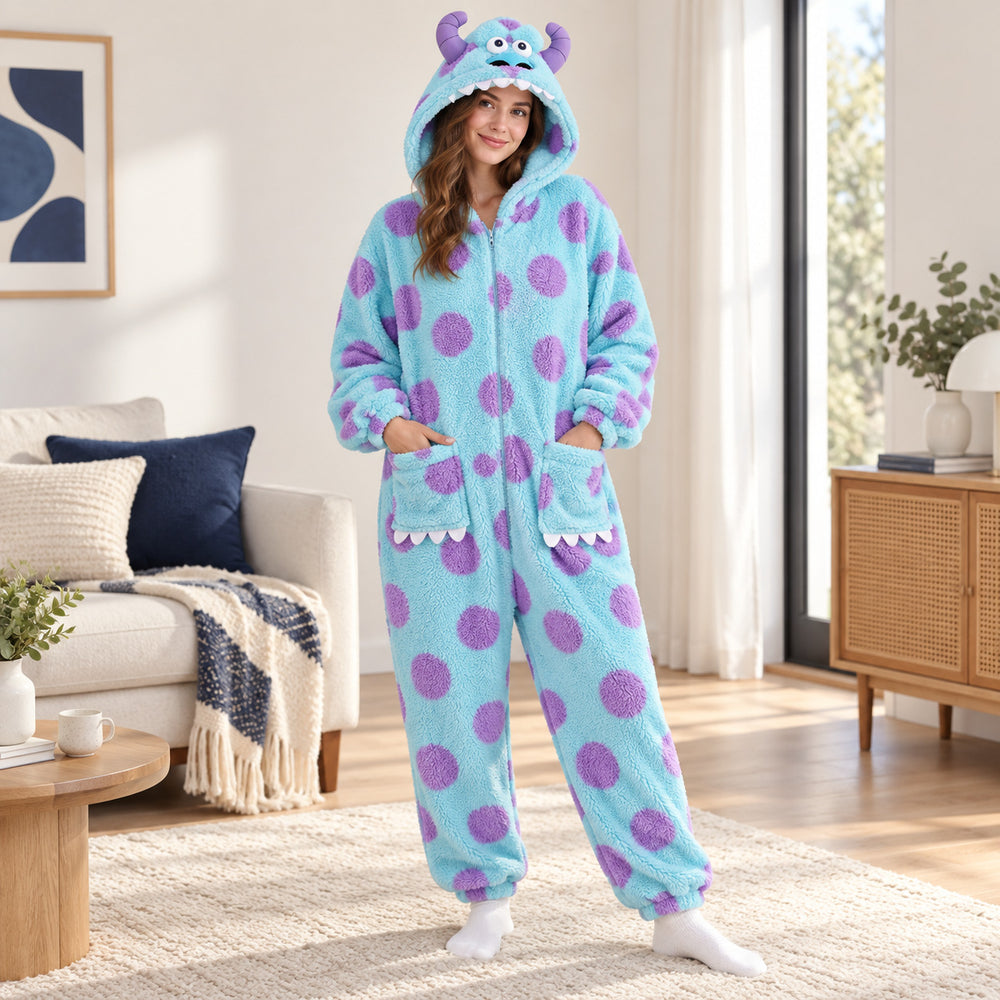 Femme portant le pyjama tout doux bleu à capuche