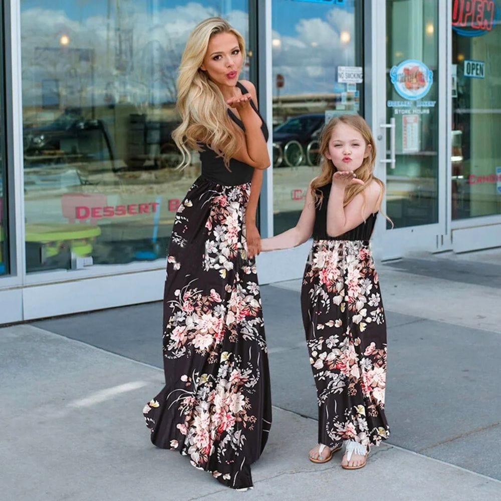 Robe Fleurie Longue Assortie Mère Fille Noir / Maman XXL