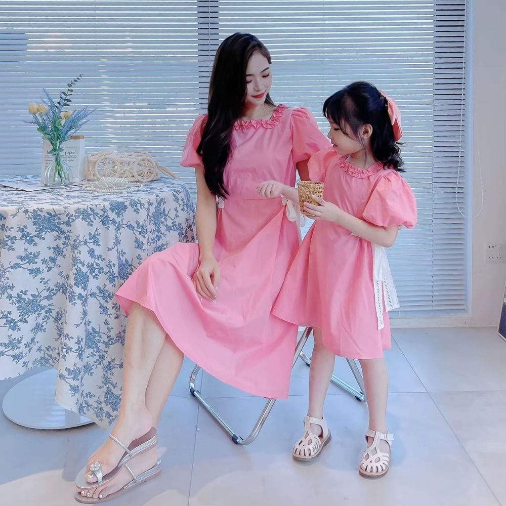 Robe Mère Fille Courte Rose