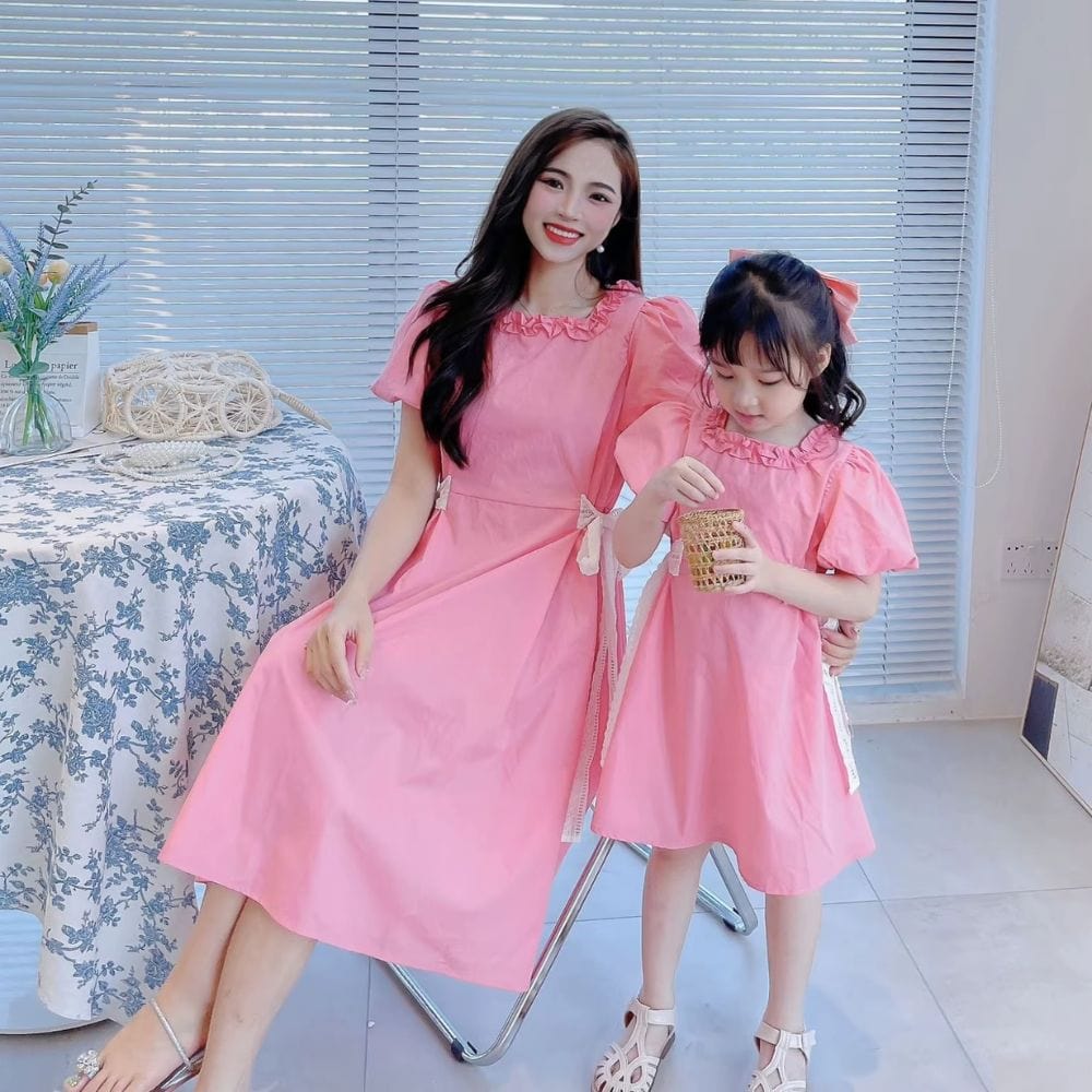 Robe Mère Fille Courte Rose Rose / Maman S