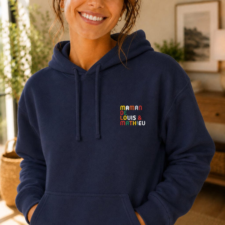Sweat personnalisé Maman - Prénoms multicolore brodé