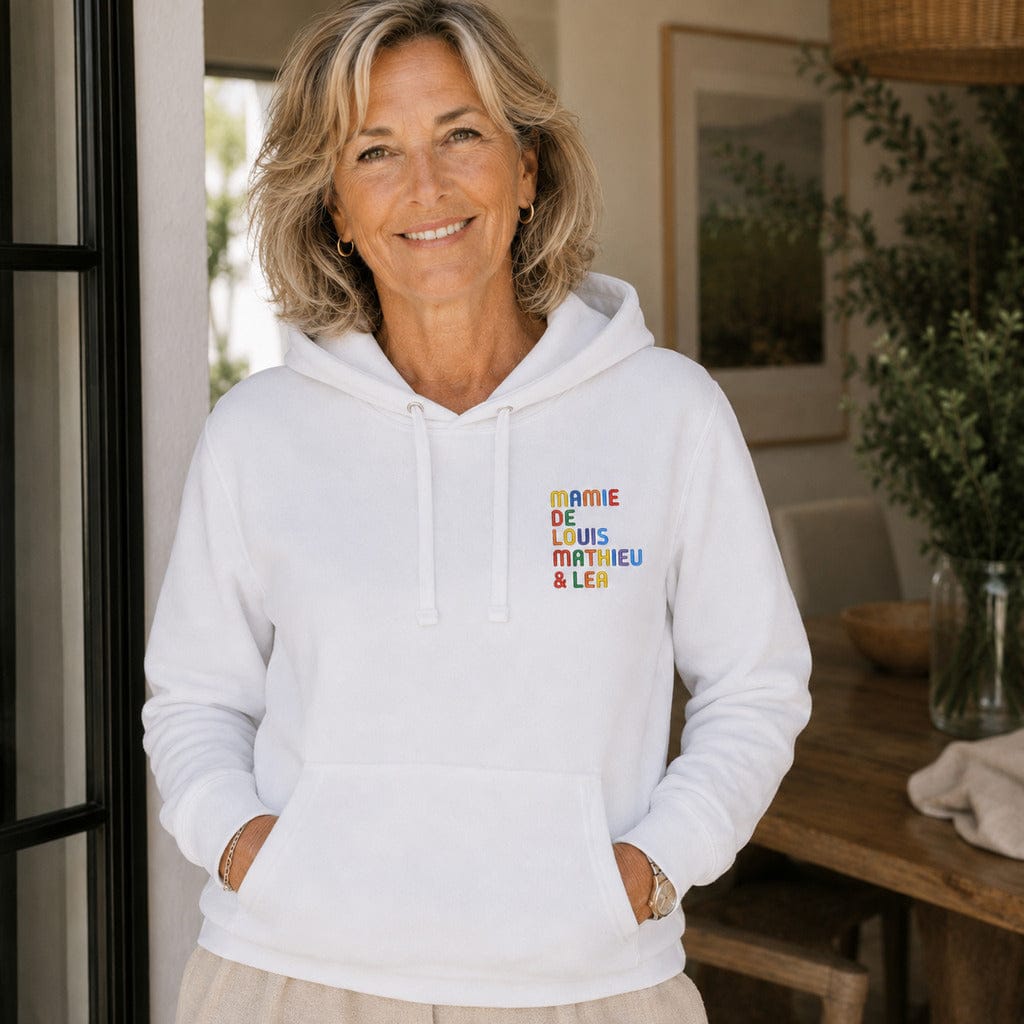 Sweat personnalisé Mamie - Prénoms multicolore brodé
