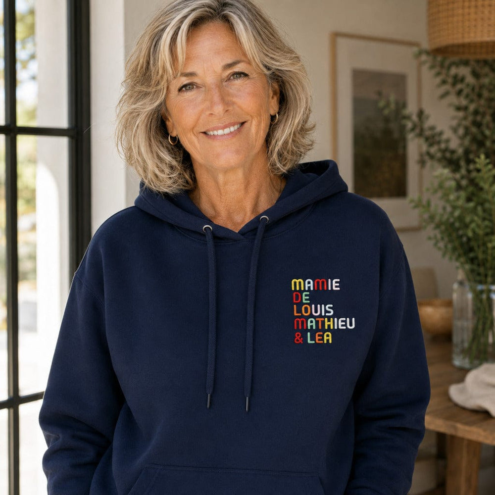 Sweat personnalisé Mamie - Prénoms multicolore brodé