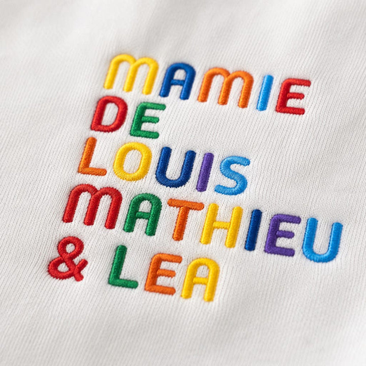 Sweat personnalisé Mamie - Prénoms multicolore brodé