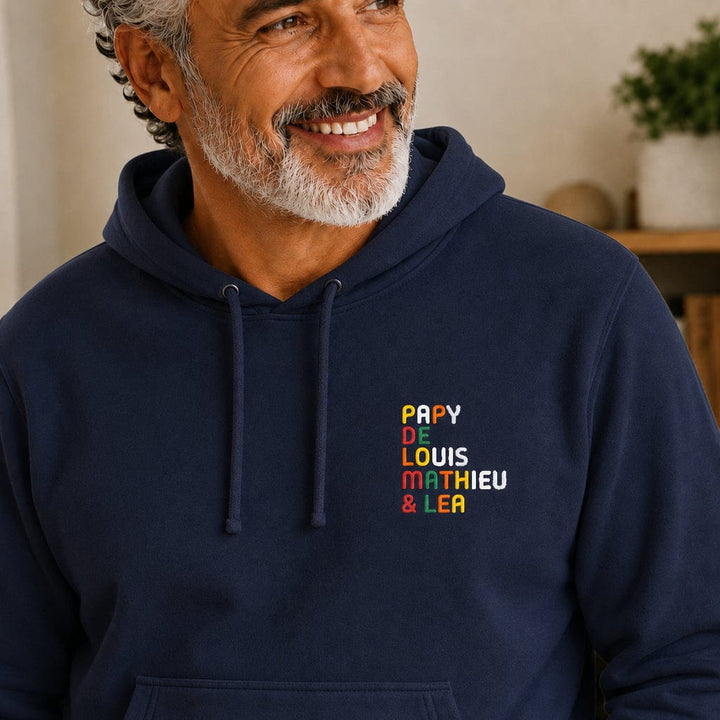 Sweat personnalisé Papy - Prénoms multicolore brodé