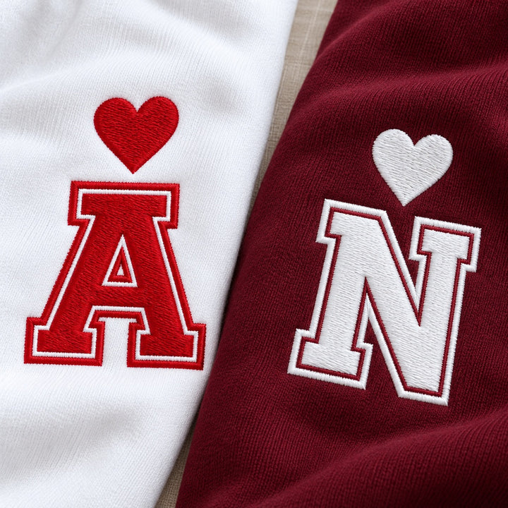 Gros plan des initiales A rouge sur sweat blanc et N blanche sur sweat bordeaux, avec cœurs et contours brodés style varsity.