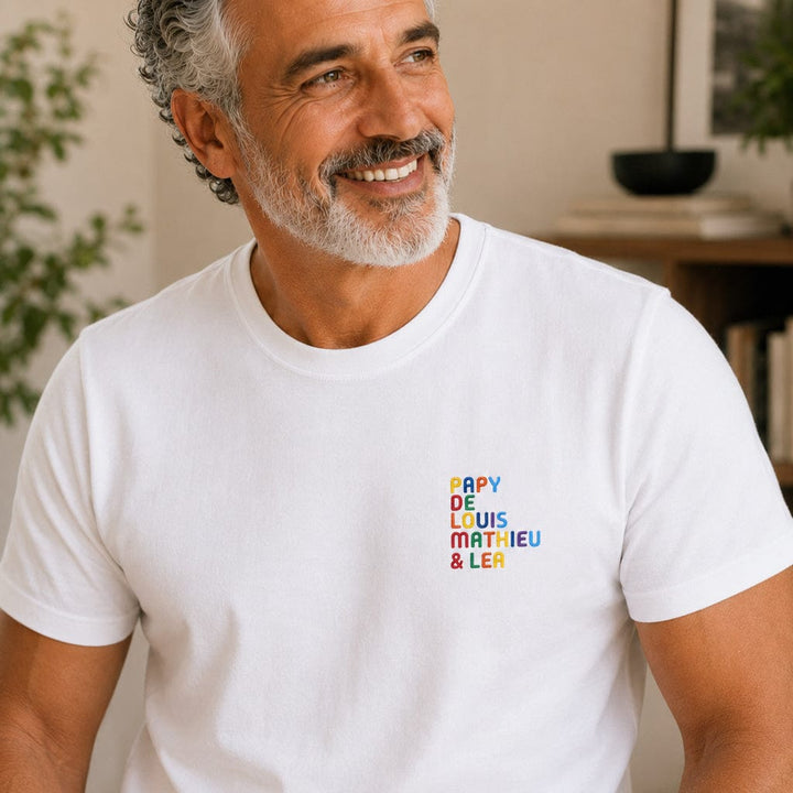 T-Shirt personnalisé Papy - Prénoms multicolore brodé
