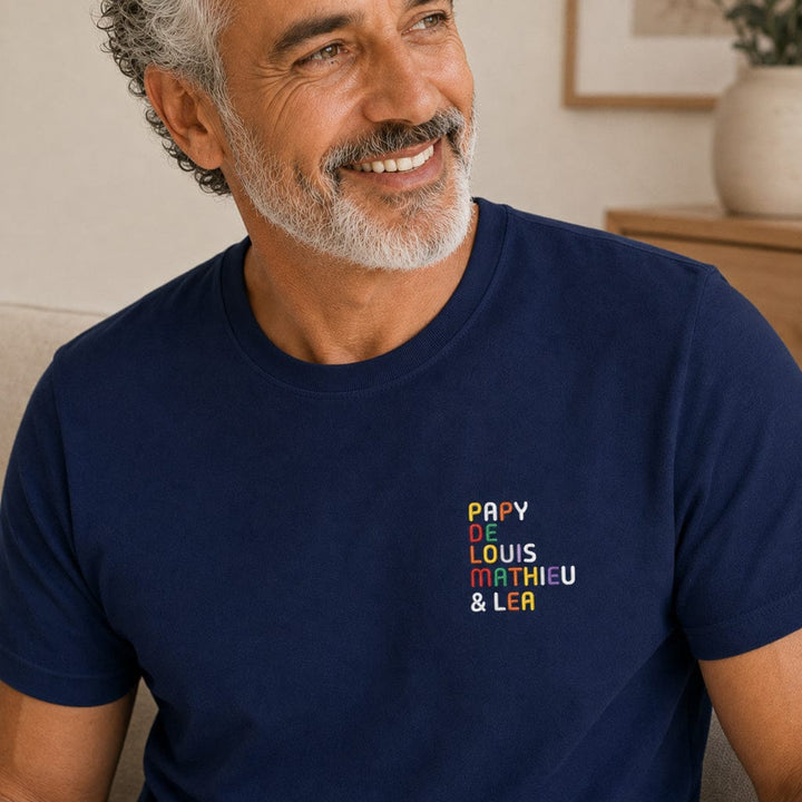 T-Shirt personnalisé Papy - Prénoms multicolore brodé