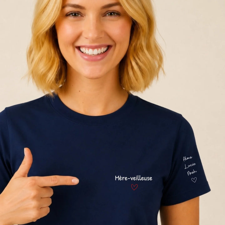 T-shirt Personnalisé - Mère-veilleuse et prénoms d'enfants T-shirt Front Manche Gauche Femme / Blanc / S