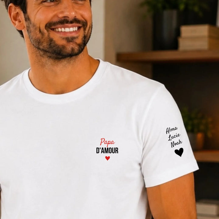 T-shirt personnalisé - Papa d'Amour avec prénoms T-shirt Front & Manche Gauche Homme / Blanc / S
